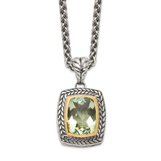 Diamond2Deal Sterling Silver with 14K Accent Cushion Cut Green Quartz Pendant Necklace