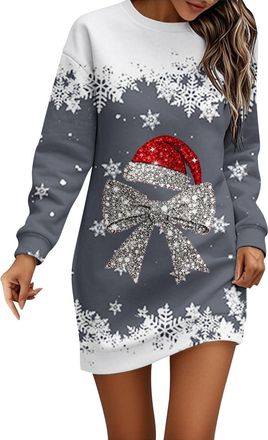 Generic Christmas Dresses for Women Ladies Christmas Dress Long Sleeve Jumper Dress for Women UK Round Neck Xmas Graphic Print Women Dresses Winter Casual Dre