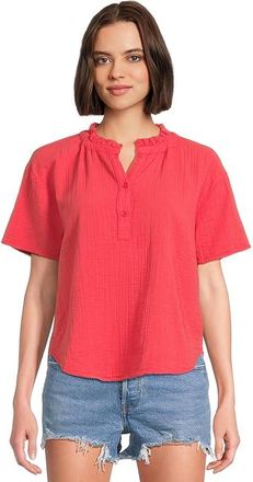 Mod-o-doc Short Sleeve Ruffle Neck Henley Top Womens Clothing Glazed Cherry : LG (US 12-14), Cotton