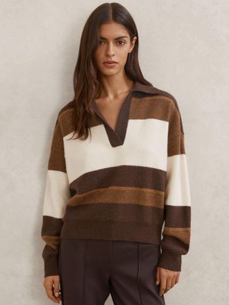 Reiss Chocolate & cream Wool-cashmere Stripe Collared Jumper, S