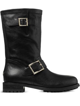 Jimmy Choo London Mid-Height Black Leather Biker Boots with Adjustable Straps
