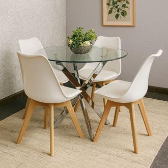Kosy Koala Modern Round Glass Dining Table Set With 4 Cream Plastic Chairs Dining Room Furniture