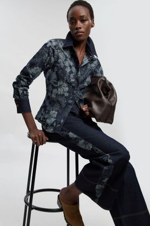 Karen Millen Womens Denim & Jacquard Contrast Wide Leg Jean - Dark Blue Cotton - Size 10 UK