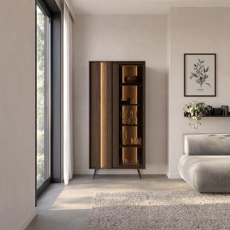 Dmora Vitrina Katiso, Mueble Expositor 8 Estantes, 2 Puertas, Con Led, 94x40x196h Cm Marr&oacute;n Nogal