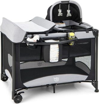 Costway Costway - Lettino Neonato Box Bambini con Culla e Fasciatoio, Lettino da Campeggio Pieghevole con Materassino, Ruote, Baldacchino Giocattoli