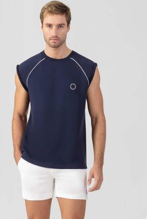 Ron Dorff Organic Cotton Sleeveless Sweatshirt With Piping In Deep Ocean