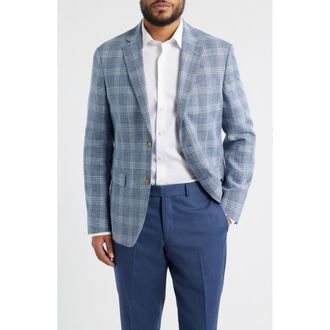 Nordstrom Henrik Trim Fit Plaid Slub Linen & Cotton Blend Sport Coat in Blue Enzo Plaid at Nordstrom, Size 36 Regular