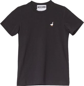 Moschino Tops, Dames, Zwart, XL, Katoen, Zwarte Eend Geborduurd T-shirt met Korte Mouwen