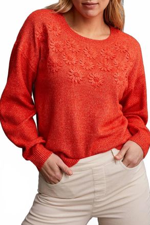 Tribal Long Sleeve Crew Neck Sweater With Embroidery In Crimson