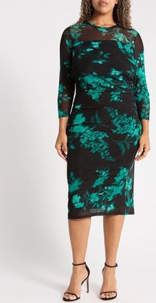 Anne Klein Printed Mesh Midi Dress in Deep Jade Multi at Nordstrom, Size 0X