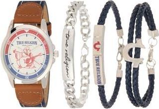 True Religion Buddha Denim & Faux Leather Strap Watch, 43.1mnm & Assorted Bracelets Set in Silver at Nordstrom Rack
