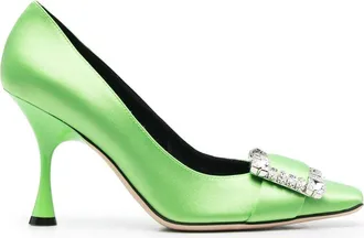 Sergio Rossi crystal-embellishment square-toe 95mm pumps - women - Silk/Leather/Kid Leather - 40 - Green