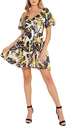 Flying Tomato Leaf Print Puff Sleeve Fit & Flare Dress in Ivory Black at Nordstrom Rack, Size Medium