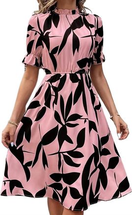 Generic Womens Summer High Neck Short Ruffle Sleeve Floral Dress Casual Round Neck High Waist A-Line Skirt Dress Pink