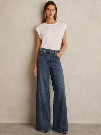 Reiss Mid Blue Twist Seam Wide Leg Jeans, 29R