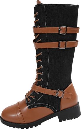 Generic Knee High Boots for Women UK Womens Knee High Riding Combat Boots Lace Up and Zip Riding Boot with Buckles Round Toe Denim Leather Chunky Low Heels Bo