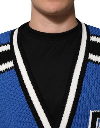 Dolce & Gabbana Blue Cotton Logo Patch Ribbed Knit Cardigan Mens Sweater