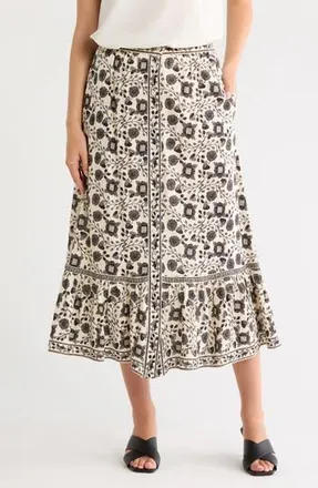 Max Studio Button Front Maxi Skirt in Crm/Black Floral Hrts at Nordstrom Rack, Size X-Large