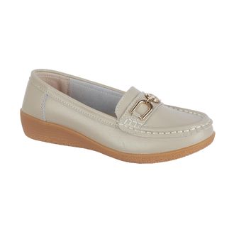 Jo & Joe Womens Leather Comfort Loafers with Gold Buckle - Cushioned Wedge Slip-On Smart Casual Shoes Sizes 4-8 (Smoke, UK Footwear Size System, Adult, Women, 