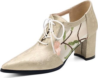 Generic Womens Pointed Toe Pumps Textured Fabric Mesh Floral Embroidery Lace-Up Block Heel Cushioned Insole Anti-Slip Durable Sole Comfortable Fit,Gold,6.5 UK