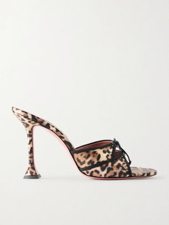 Amina Muaddi Mule In Raso Leopardato Con Fiocchi Eleonora - Stampa animalier