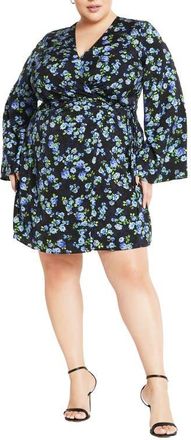 City Chic Rivka Print Long Sleeve Wrap Dress in Blue Print at Nordstrom, Size Xxl