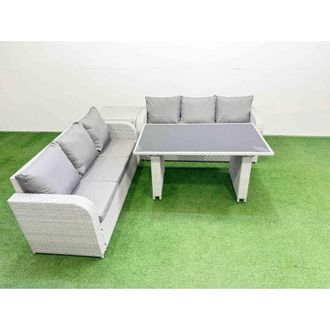 Fimous Fimous - 6 Seater Rattan Outdoor Dining Table 3 Seater Sofa Set with Side Table Light Grey