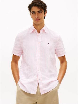 Tommy Hilfiger Mens Striped Cotton-Linen Blend Shirt - Pink - XXL