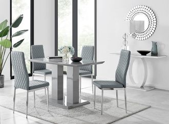Furniturebox Imperia Grey High Gloss 4 Seater Dining Table with Structural 2 Plinth Column Legs 4 Soft Faux Leather Silver Leg Milan Chairs