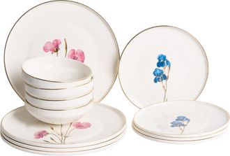 Beliani Vajilla De 12 Piezas De Porcelana Acabado Esmaltado Con Dise&ntilde;o Floral Multicolor Para 4 Personas Comedor Cocina Blanco Hyssop
