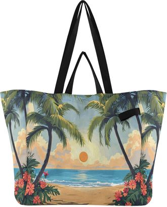 Generic Beach Palm Flowers Beige print Reusable Canvas Tote Bag, Heavy Duty Grocery Shopping Bag with Hard Bottom Double Handles Large Capacity Work Groceries