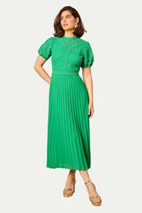 Oasis Lace Puff Sleeve Pleated Midi Dress in Bright Green at Nordstrom, Size 8
