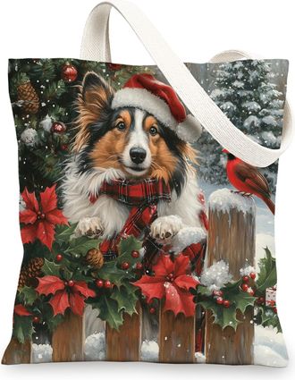 Generic Christmas Shetland Sheepdog Dog Canvas Tote Bag for Shopping 13x15, Xmas Farmhouse Cardinal Puppy Reusable Grocery Print Bag for Women Men, Holiday Pe