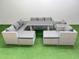 Fimous 10 Seater Outdoor Dining Table 3 Seater Sofa Set with 2 Big Stool in Light Grey