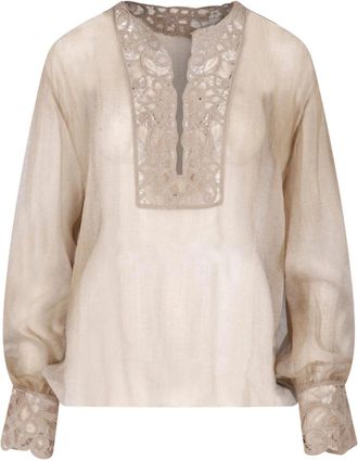 Ermanno Scervino Beige Deep V-Neck Floral Lace Blouse