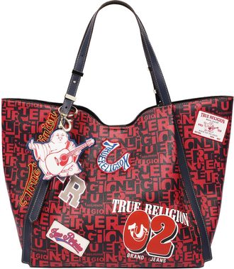True Religion Multi Patch Graphic Tote Bag with Buddha Charm and Adjustable Shoulder Straps