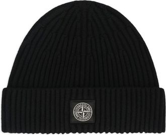 Stone Island Black Ribbed Logo Beanie Cap