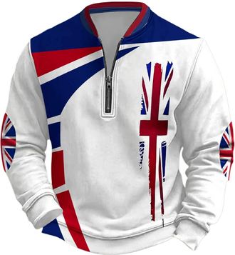 Generic Mens Union Jack Sweatshirt 1/4 Zip Long Sleeve Jumpers Bunting Flags Print Great Britain Pullover Winter Warm Tops Plus Size (A2-White, 4XL)