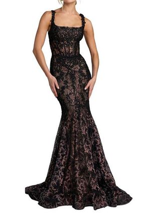 Mac Duggal Petite Embellished Mesh Sleeveless Trumpet Gown in Black at Nordstrom, Size 14