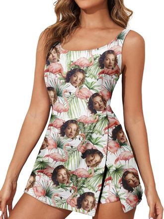 Generic Custom Face Print One Piece Swimsuit for Women Hawaiian Print Swimdress with Tummy Control & Pockets Face Customization Swimwear for Beach Vacation