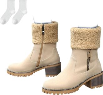Generic Womens Winter Boots with Warm Fleece Collar, Lined Mid-Calf Suede Boots with Side Zipper And Block Heel, Non-Slip Comfortable Boots for Autumn & Winte