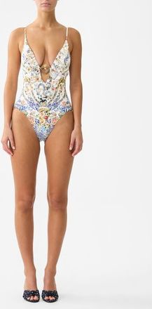 Camilla Plunge V Neck One Piece W Frill And Trim in The Pottery Parlour at Nordstrom, Size Xx-Large Au