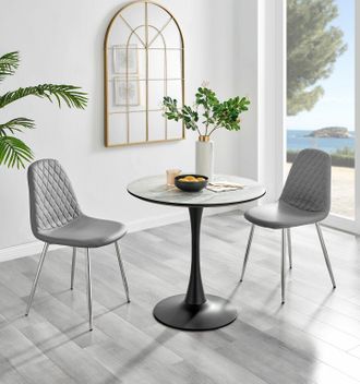 Furniturebox Elina White Marble Effect Scratch Resistant Dining Table & 2 Corona Silver Chairs in Grey