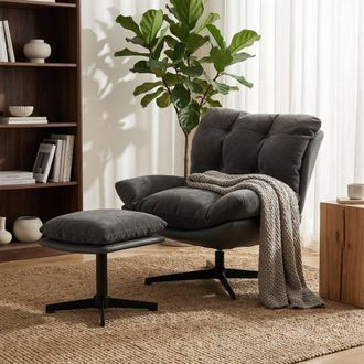 HOMCOM Accent Chair with Footstool, Modern Swivel Lounge Chair, Dark Grey | Size: Armchair