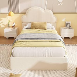 Merax 3ft Single Beige Velvet Ottoman Bed Frame with Cloud Headboard