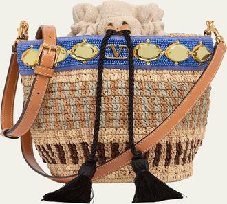 Valentino Garavani Small Viscose Raffia Beaded Bucket Bag