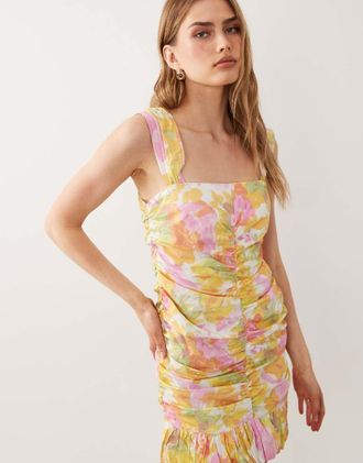 Asos Vestito corto arricciato con cuciture centrali e stampa a fiori-Multi