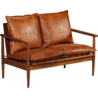 vidaXL vidaXL Divano a 2 Posti in Vera Pelle con Legno di Acacia Marrone