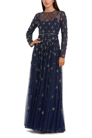 Mac Duggal Long Sleeve Crystal Embellished Evening Gown in Midnight at Nordstrom, Size 16