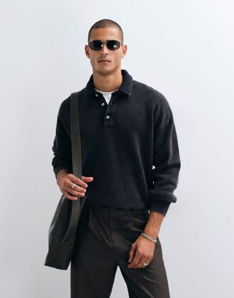 Abercrombie & Fitch felpa polo oversize con bottoni nera-Nero